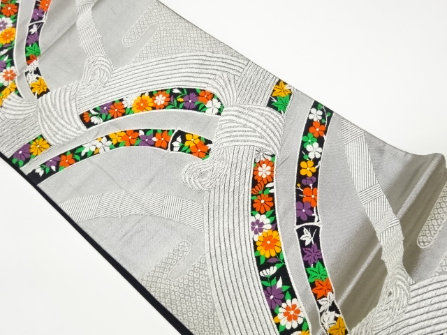 JAPANESE KIMONO / VINTAGE FUKURO OBI / WOVEN BAMBOO & FLOWER